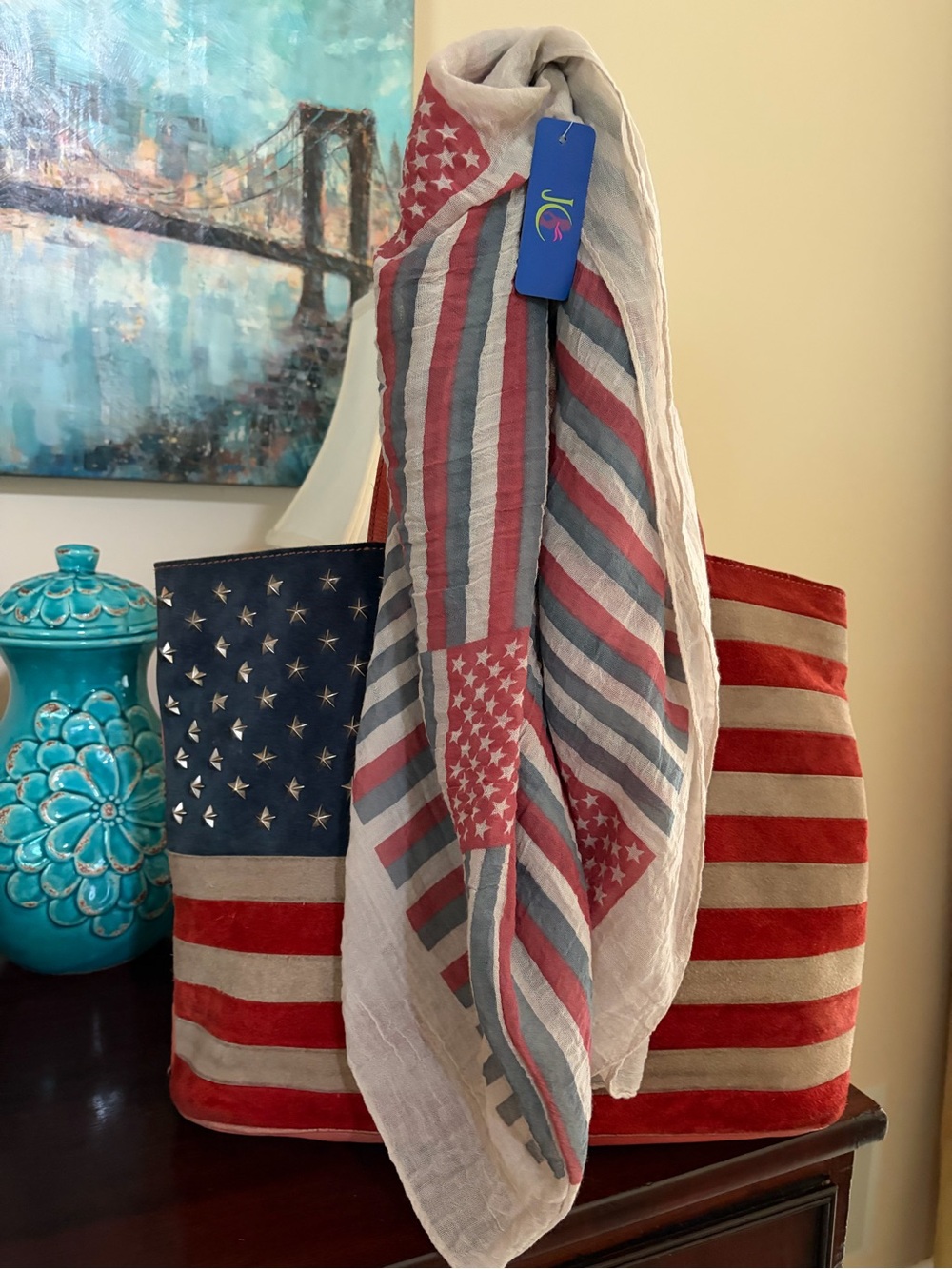 Scully vintage American Flag suede and leather zip top tote bag and NWT scarf - Picture 13 of 14